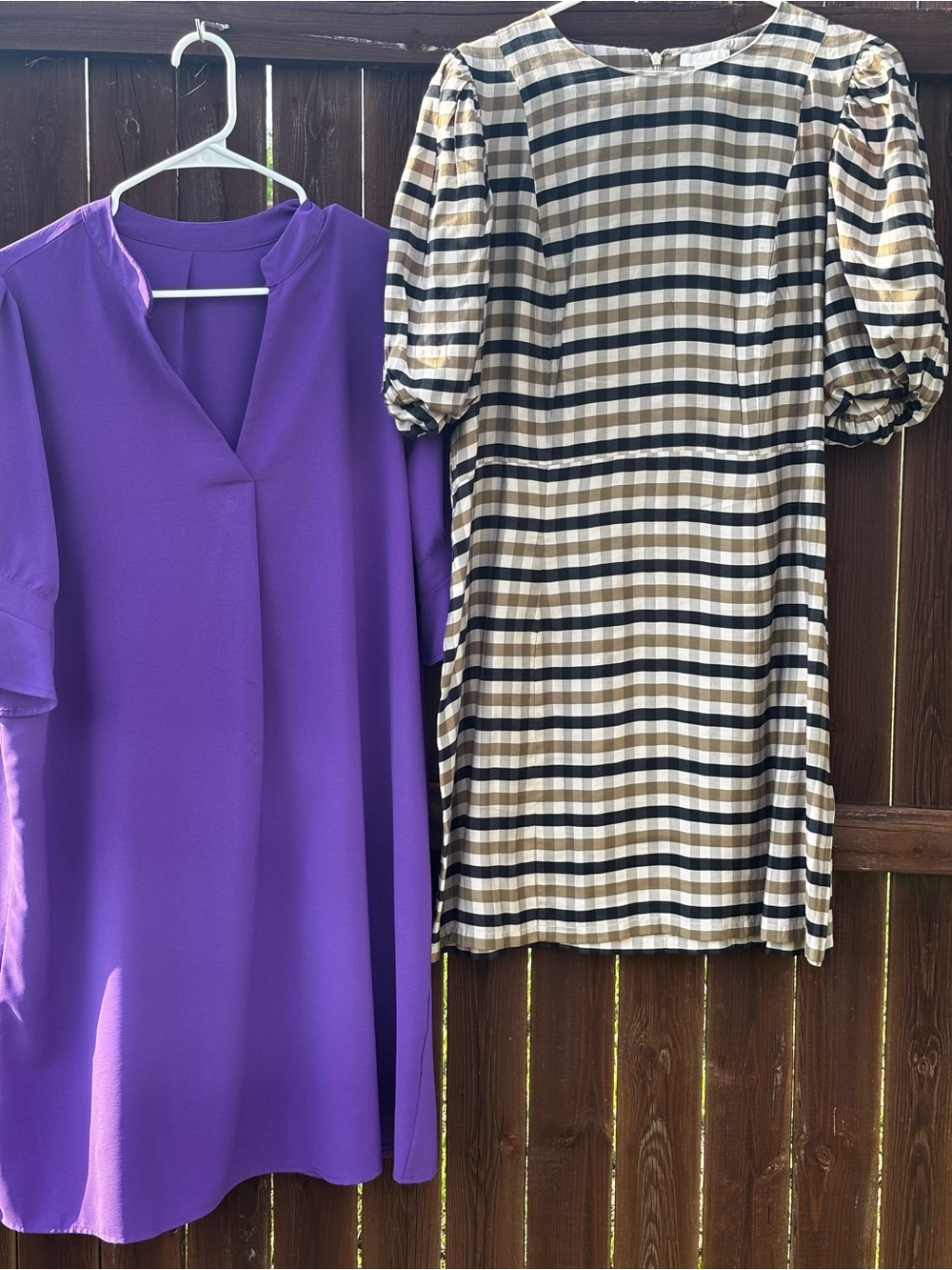 Set of 2 dresses. Purple V-Neck Shift Dress & Black/Tan Plaid Puff-Sleeve Dress